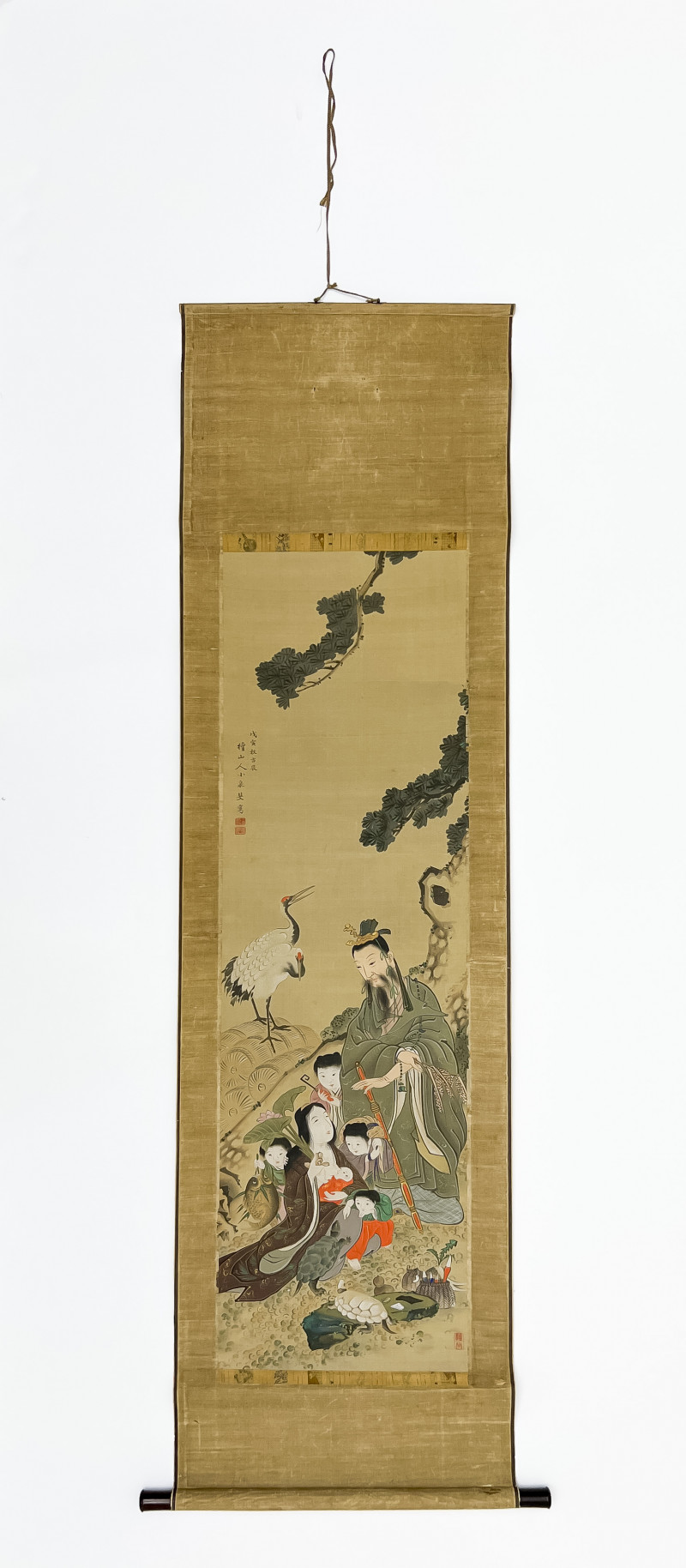 Japanese Hanging Scroll, Mother, Scholar and Boys, Color Inks on Silk