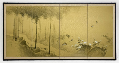 Japanese Four Panel Screen with Birds in a Bamboo Grove