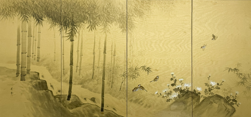 Japanese Four Panel Screen with Birds in a Bamboo Grove