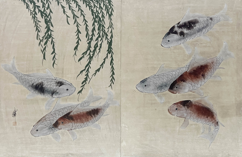 Japanese Two Panel Screen, Koi Fish