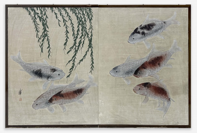Japanese Two Panel Screen, Koi Fish