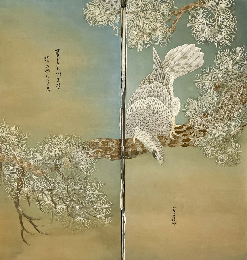 Japanese Embroidered Two Panel Screen, Hawk and Pine