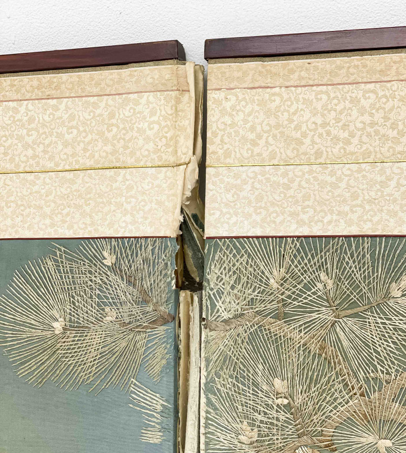 Japanese Embroidered Two Panel Screen, Hawk and Pine