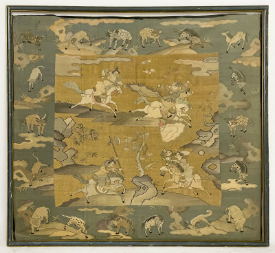 Chinese Kesi Panel with Warriors and Mythical Beasts