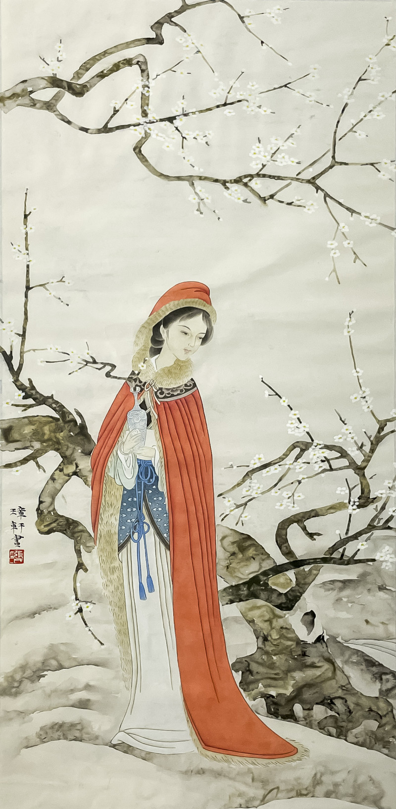 Chinese Painting, Beauty in a Red Cloak, Color Inks on Paper