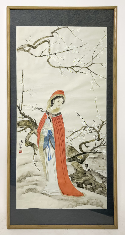 Chinese Painting, Beauty in a Red Cloak, Color Inks on Paper
