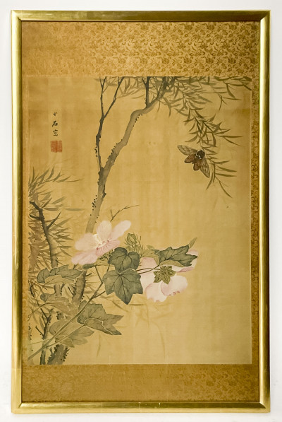 Chinese Painting, Moth and Pink Blossoms, Ink on Silk