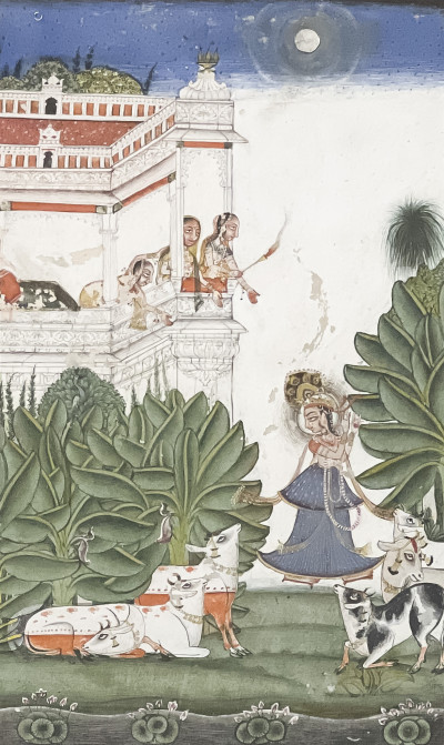 Image for Lot Indian Miniature, Radha Dressed as Krishna Playing a Flute to Cows by Moonlight