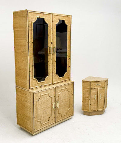 Bielecky Brothers Corner Table with Similar Two Piece Woven Bamboo Cabinet
