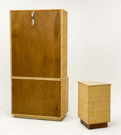 Bielecky Brothers Corner Table with Similar Two Piece Woven Bamboo Cabinet