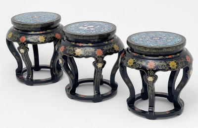 3 Polychrome Cloisonné And Black Lacquered Side Tables