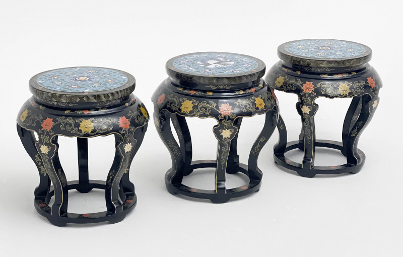3 Polychrome Cloisonné And Black Lacquered Side Tables