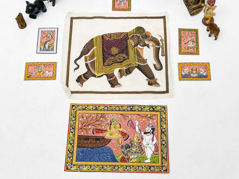 Indian Pattachitra Paintings and Elephant Sculptures, Group of 19