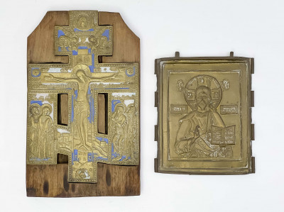Russian Bronze Icon and Enameled Bronze Cross