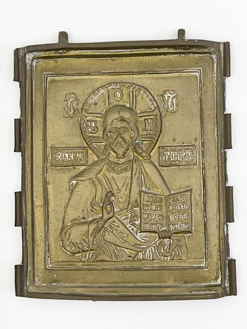 Russian Bronze Icon and Enameled Bronze Cross