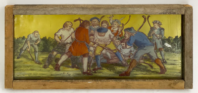Image for Lot British Painted Glass Panel of Hurlers