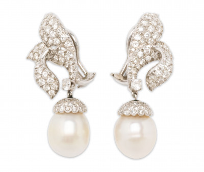 Pair of 18K White Gold Diamond Pavé and Drop Pearl Earrings