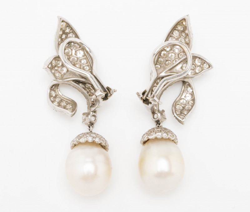 Pair of 18K White Gold Diamond Pavé and Drop Pearl Earrings
