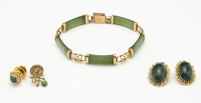 14K Gold and Green Bracelet, Earrings, and Pins
