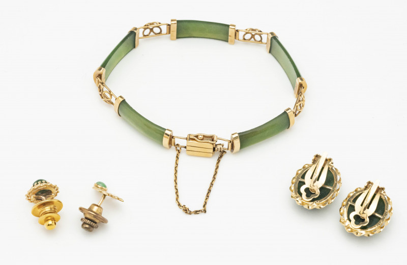14K Gold and Green Bracelet, Earrings, and Pins