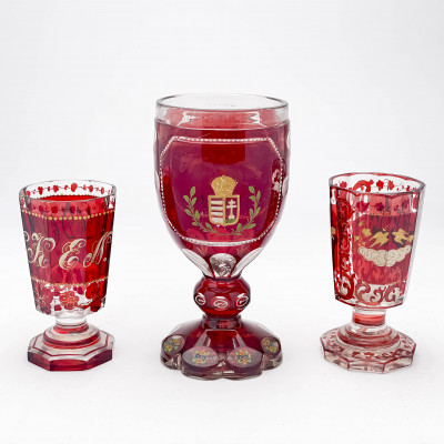 Bohemian Ruby Cut to Clear Glass Goblets, Group of 3