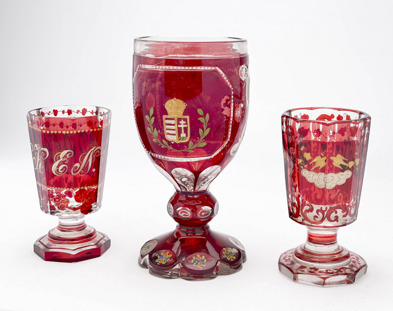 Bohemian Ruby Cut to Clear Glass Goblets, Group of 3