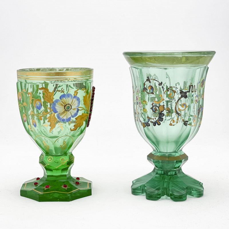 Bohemian Emerald Green Cut Glass Goblets, Group of 2