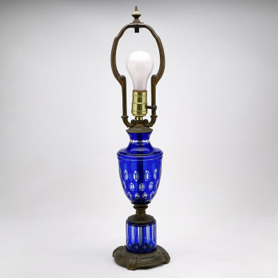 Image for Lot Bohemian Cobalt Blue Cut To Clear Glass Lamp