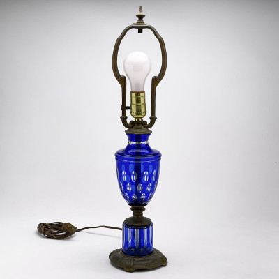 Bohemian Cobalt Blue Cut To Clear Glass Lamp