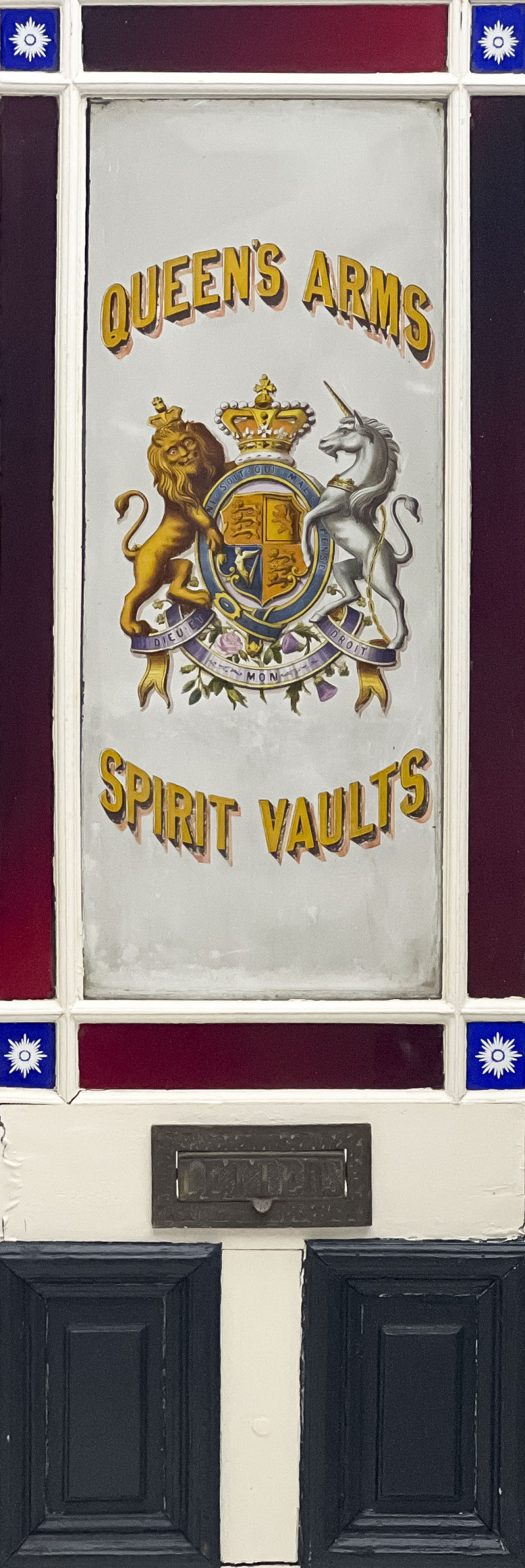 Queen's Arms Spirit Vaults Glass Paneled Door