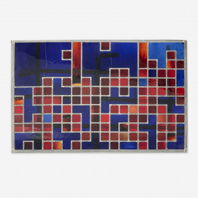 Image for Lot attributed to Franz Mayer Studio - Blue and Red Square Stained Glass Panel