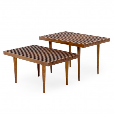 Image for Lot Mel Smilow - Walnut Slat Bench Side Tables, Set of 2