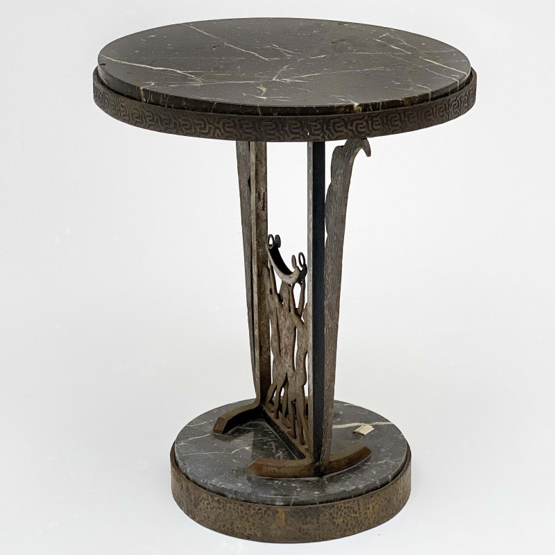 Art Deco Marble Top Wrought Iron Round Side Table