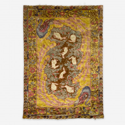 Image for Lot Signed Carpet with Rabbits and Peacocks