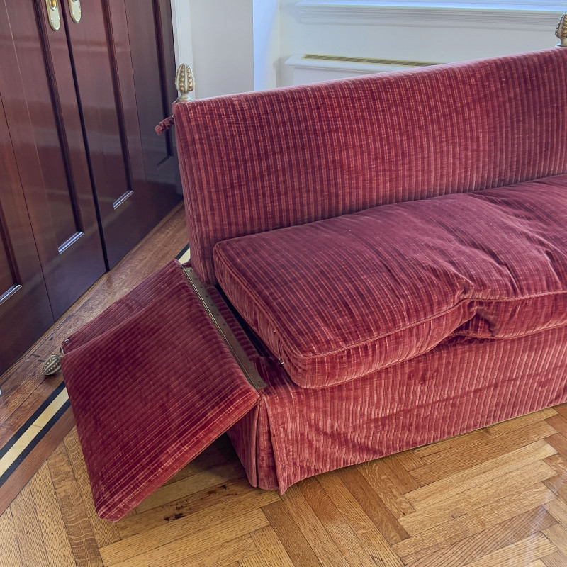 Red Knole Drop Arm Settees, Pair