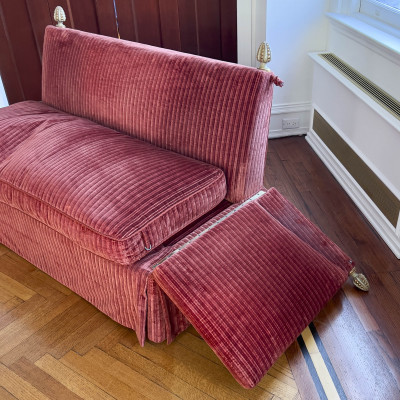 Red Knole Drop Arm Settees, Pair