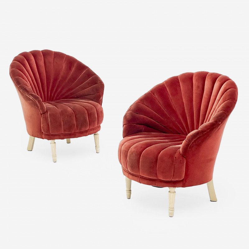 Mid-Century Scalloped Velvet Chairs, Pair
