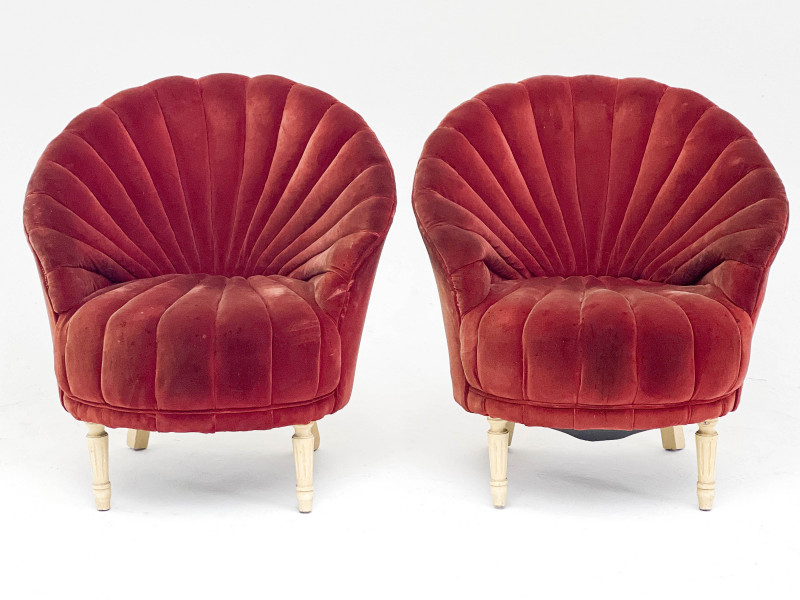 Mid-Century Scalloped Velvet Chairs, Pair