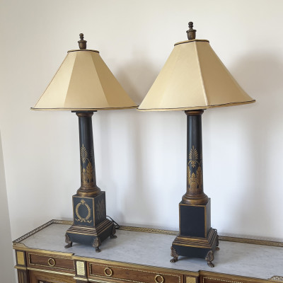 French Tole Painted Lamps, Pair