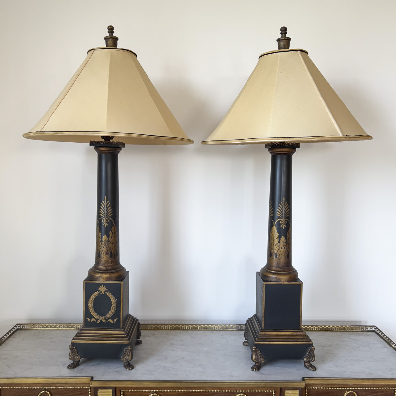French Tole Painted Lamps, Pair