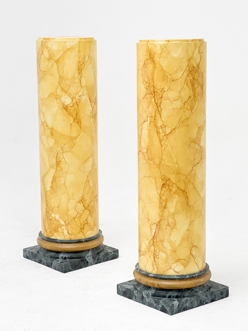 Trompe-l'œil Painted Marble Pedestals, Pair, along with Faux Marble Urns, Pair