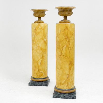 Image for Lot Trompe-l'œil Painted Marble Pedestals, Pair, along with Faux Marble Urns, Pair