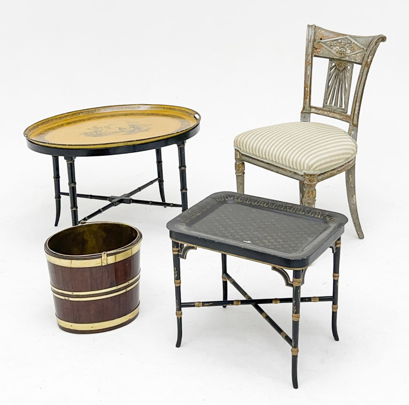 Empire Side Chair and Georgian Mahogany Bucket, together with two Tole Tray Top Tables, Group of 4