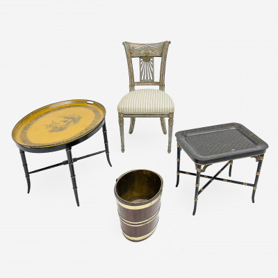 Image for Lot Empire Side Chair and Georgian Mahogany Bucket, together with two Tole Tray Top Tables, Group of 4