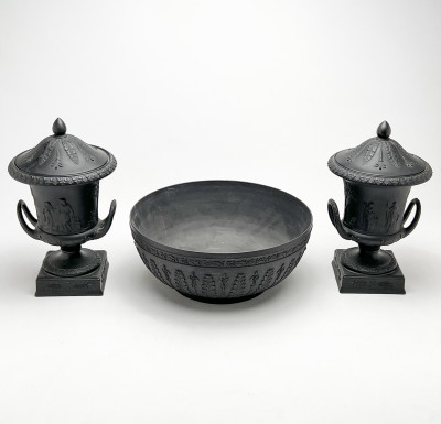 Image for Lot Wedgwood  - Basalt Covered Urns and Center Bowl, Group of 3