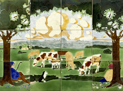 Image for Lot Pastoral Tile Frieze with Cow Boys
