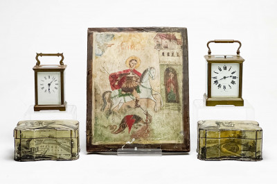 Image for Lot Antique Icon of Saint George, clocks and boxes, Group of 5