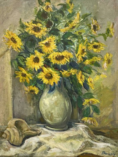 Image for Lot Albert Bela Bauer - Still life of Sunflowers with Sea Shell