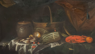 Image for Lot Manner of Pieter de Ring - Still Life with Lobster, Oysters, and Asparagus