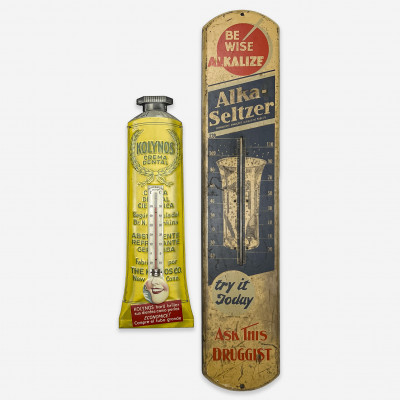 Alka-Seltzer and other Enamel Thermometer Signs, Group of 2
